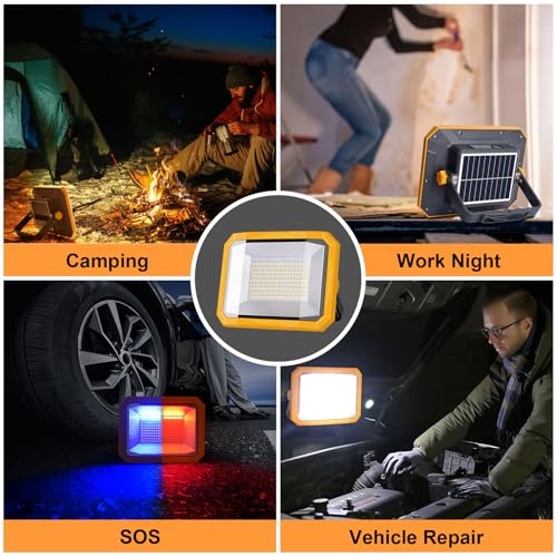 LED Strahler Akku 60W, Solar Arbeitsleuchte LED Akku 7800mAh, 10000LM Superhell Baustrahler mit 4 Lichtmodi, Campinglampe Tragbare für Stromausfällen, Camping, Gelb & Grau