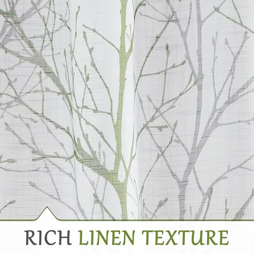 Image of FMFUNCTEX Sidelight Sheer French Door Curtains 72 Inches Long White, Green and Grey Print Branch Semi-Sheer Door Panels for Front Patio Door 24 Inches Wide 2 Panels Set