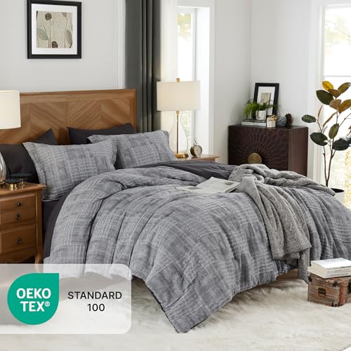 MaiRêve Charcoal Grey Queen Comforter Set, Textured Design Grey Crinkle Bed in A Bag Queen Size, Queen Comforter Set with 7 Pieces with Comforter, Sheets, Pillowcases & Shams 90"x 90" - Image 3