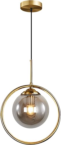 BOKT Lámpara colgante moderna de globo grande de mediados de siglo, iluminación colgante de vidrio gris humo, iluminación colgante redonda de