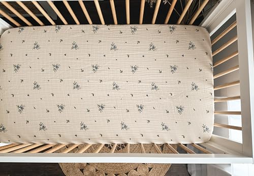 Image of House of Elia 100% Organic Cotton Muslin Crib Sheet | GOTS Certified Fitted Sheet 28" x 56" | Soft, Breathable & Machine Washable | Unisex for Boys & Girls | Blueberry