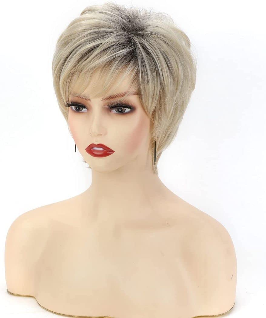 AIYLMZ Ombre Blonde Short Pixie Cut Wig with Bangs, Synthetic Heat Resistant Straight Wig, One Size Fits Most - Image 3