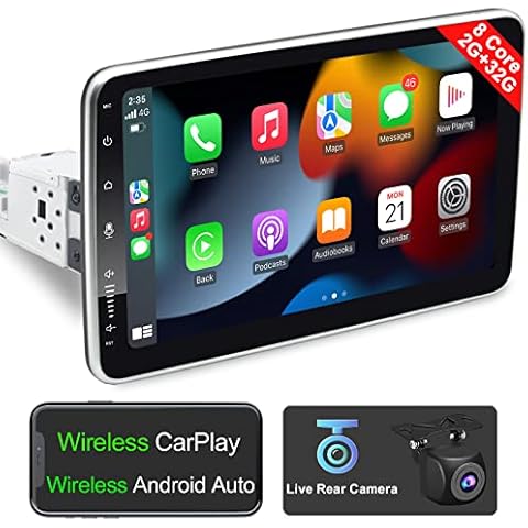 IYING 10 Inch Single Din Adjustable Car Radio Wireless CarPlay & Wireless Android Auto 8-Core 2G+32G Android Car Stereo with Backup Camera Bluetooth AM/FM GPS Navigation WiFi Car Play Screen 1 Din Cover