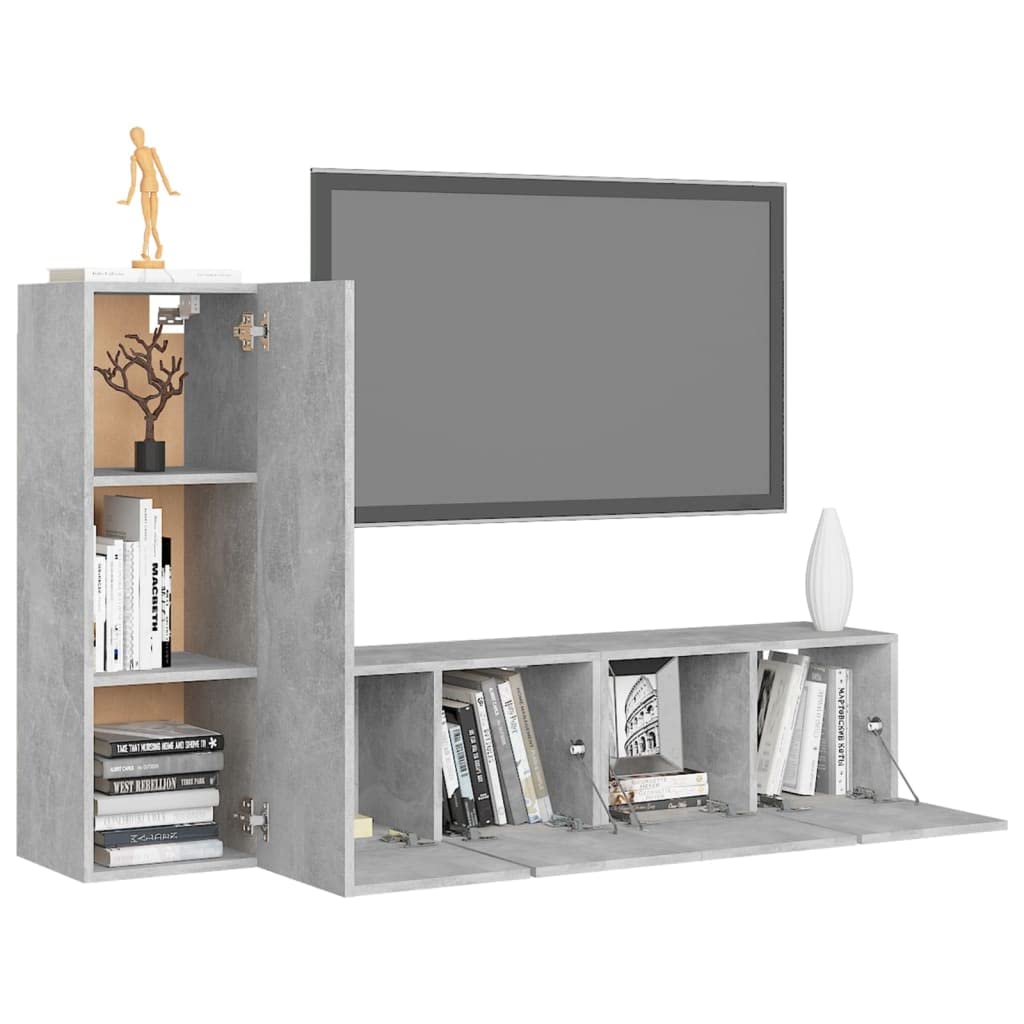 3-TLG. TV-Schrank-Set Betongrau, Holzwerkstoff, Hängend, Modernes Media-Center, für Wohnzimmer, Schlafzimmer, Entertainment-Möbel