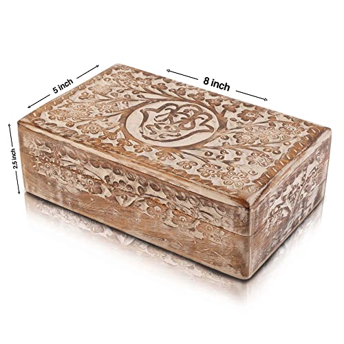Handmade Decorative Wooden Jewelry Box Hamsa Hand Carving Jewelry Organizer Keepsake Box Treasure Chest Trinket Holder Watch Box Storage Lock Box 8 X 5 Inches Housewarming Gift (White) #TOP4