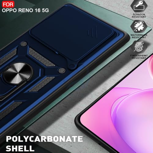 Image of AESTMO Tough Armor Oppo Reno 16 5G Bumper Back Case Cover | Ring Holder & Sliding Camera Shield Cover | 360 Degree Protection Back Case Cover for Oppo Reno 16 5G (Blue)