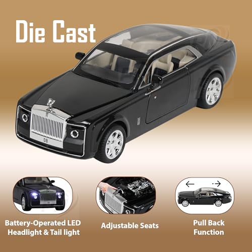 Image of Alloy Metal Pull Back Die-cast Car 1;24 Various Models with Sound & Music, Toy Cars for Kids Durable and Fun Gift for Boys and Girls (Black- Rolls Royce)