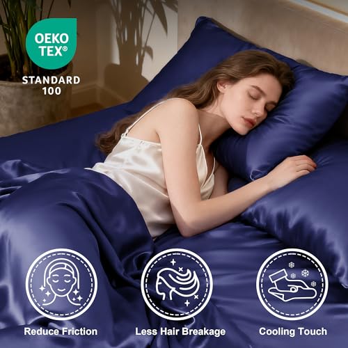 Image of Love's cabin Satin King Sheet Sets - 4 Piece Navy Blue Silky Sheets King Size Bed with Deep Pocket, Luxury Silk Feel King Size Satin Sheet Set (1 Flat Sheet,1 Fitted Sheet,2 Pillow Cases)