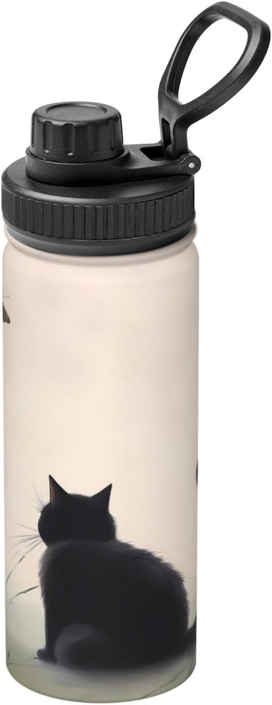 Cute Black Cat 18 oz Stainless Steel Water Bottles Insulated Sports Water Bottle with Spout Lid, Butterfly Kitten Double Wall Travel Water Flask for Running Hiking Fishing