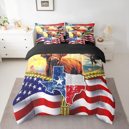 Image of Highland Cow Full Size Bed Sheets and Comforter Set American Flag Western 7-Piece Bedding Set Cowboys Gifts for Men Texas Star Bed in a Bag,Longhorn Bull Cattle Eagle Bed Sets,Red Blue Farmhouse Decor