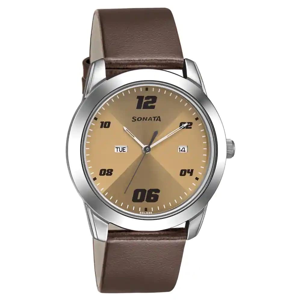 Sonata RPM Quartz Analog with Day and Date Beige Dial Leather Strap Watch for Men-NR7924SL13 (B0BS3KJNNK) Amazon Price History, Amazon Price Tracker