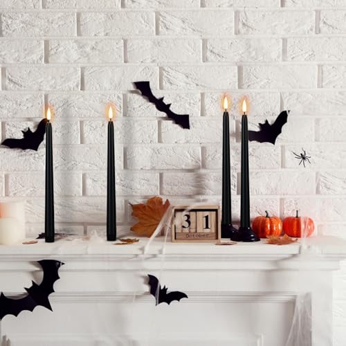 Image of Wondise Halloween Flameless Taper Candles with Remote & Timer, 4 Pack Black Candles Battery Operated LED 3D Wick Flickering for Halloween Table Decorations