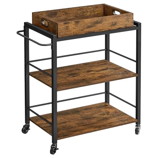VASAGLE Postre de Estilo Industrial, Carrito de Cocina, con Bandeja extraíble, con Patas Ajustables y Ruedas, Estante de Cocina, Estructura de Acero, 65 x 40 x 86 cm, marrón rústico Negro LRC72X
