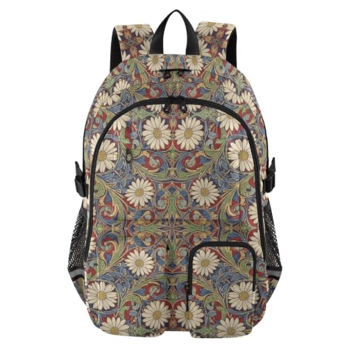 Mochila para laptop diseño William Morris de margaritas rojas y azules