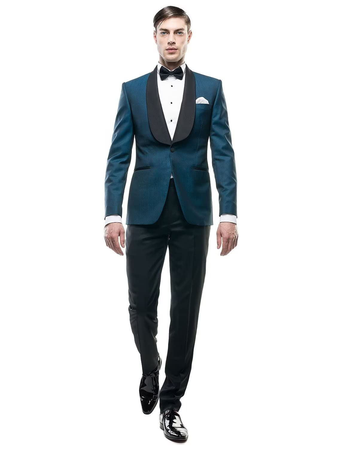 Drkobr Men's Shawl Collar Suit One Button Blue Jacket and Black Pants for Party Dinner Prom Tuxedo Set