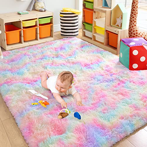 Chicrug Cute Rainbow Area Rug For Girls Bedroom, 4X6 Feet Fluffy Kids Rug For Room Decor, Shag Soft Dorm Playroom Rug, Bedside Rug For Baby Nursery Room #TOP2