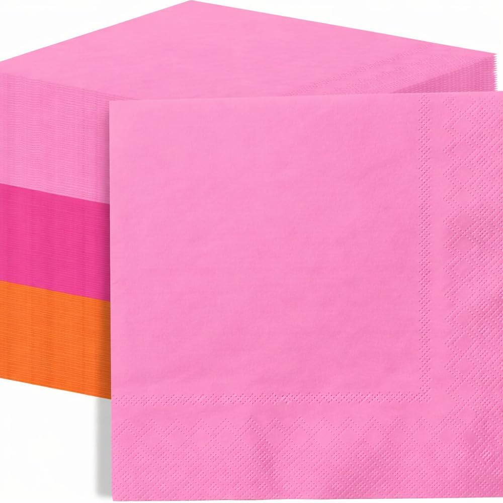 120 Pcs Pink and Orange Paper Napkins, 6.5x6.5 Inch Disposable Cocktail Napkins, 3 Color Beverage Napkins for Tequila Sunrise Birthday Party Bridal Shower