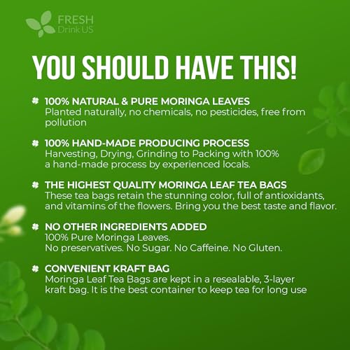 Image of FreshDrinkUS, Premium 75 Moringa Tea Bags, 100% Natural & Pure, Herbal Tea, Made with Natural Materials-Corn Fiber Tea Bags, Sugar /Gluten Free. Rich in Antioxidants and Vitamins.