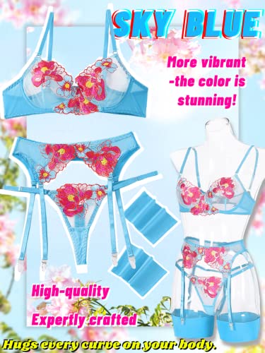 Kaei&Shi Floral Embroidered Garter Belt Set,Sheer Lingerie Sets for Women Sexy,Wedding Night Valentines Boudoir Outfits Sky Blue Small