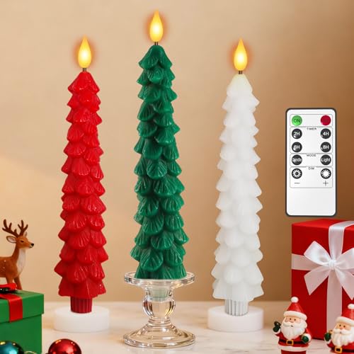 Image of PChero Christmas Tree Candles with Remote Timer, 3 Pack, 9.7 Inches | Real Wax, Flameless, Battery Operated, Window Candles, Taper Candle Sticks, for Xmas Fireplace Holiday Party Home Room Decor