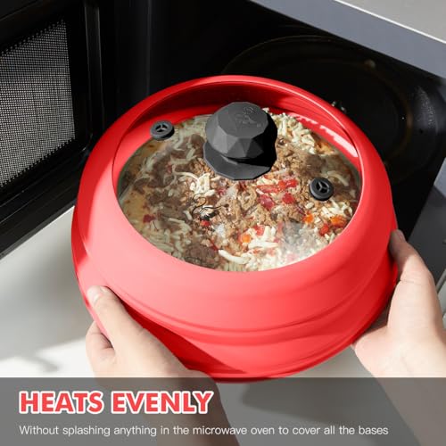 Image of Microwave Splatter Cover Vented Glass Splatter Guard Lid with Collapsible Silicone for Food as Pot Cover Plate 10.8 inch for 6 7 8 9 10 inch Plate Bowl Red