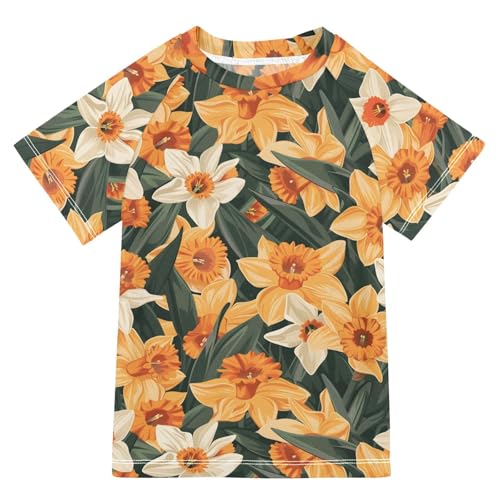 ALAZA Kids Rash Guard Girls Toddler Swim Shirts Short Sleeve Daffodil Flowers Orange UPF 50+ 3T