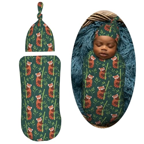 Image of Cute Red Panda Newborn Swaddle Blankets Hat Sets Soft Baby Receiving Blanket Swaddle Sack for Baby Shower Infant Boy Girl Gift