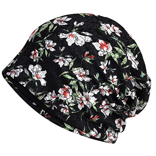 MaxNova Womens Cotton Beanie Lace Turban Soft Sleep Cap Chemo Hats Fashion Slouchy Hat (Black Orchid)