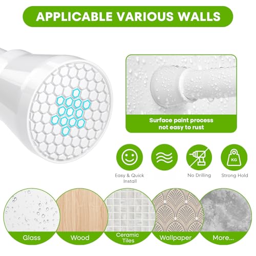 Image of Tension Curtain Rod 30-64 Inch Curtain Rods No Drilling White Tension Spring Rod Adjustable Curtain Rod Expandable Shower Pressure Tension for Windows Closet Doorway