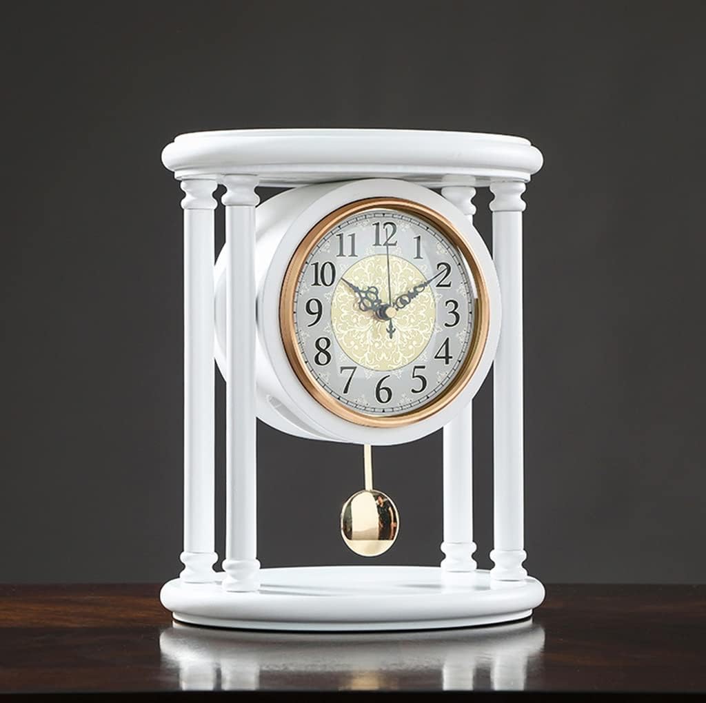 Retro Wooden Table Clock Living Room American Large Desk Clock Pendulum Clock Desktop Home Table Watch Decoration Gift (Color : White)