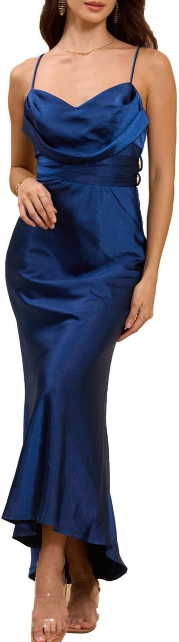 Women's Satin Spaghetti Strap Cowl Neck Backless Midi Wedding Guest Dress Ruched Sleeveless Tie Summer Dresses