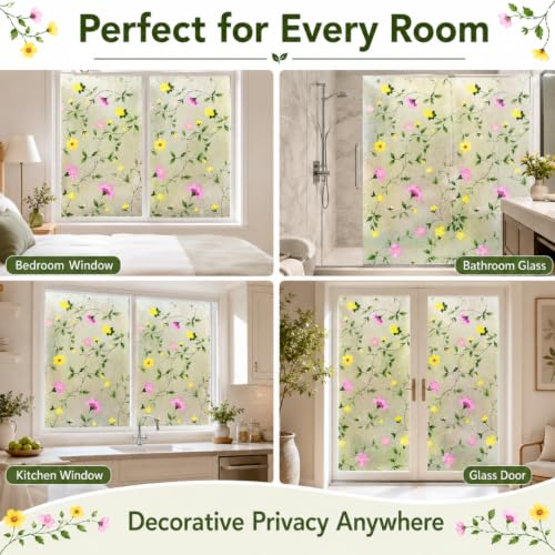 Image of Self Adhesive Window Privacy Film for Glass Windows & Doors | UV Blocking, Heat & Glare Reduction | Decorative Frosted Glass Film Easy to Apply (Frosted White with Yellow, 24X110 Inch)