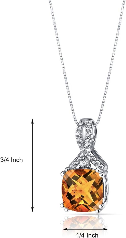 PEORA 14K White Gold 2.75 Carats Citrine and White Topaz Open Infinity Pendant for Women, Genuine Gemstone, AAA Grade Cushion Cut 9mm, November Birthstone Citrine Necklace, Real Citrine Necklace