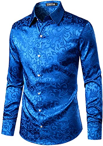 PARKLEES Camisa de vestir de manga larga con ajuste slim para hombre, con estampado floral de lujo, tela tipo seda de raso, versátil para ocasiones como boda, fiesta, baile, negocios, uso casual - XL