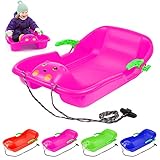 Bob Schlitten Kinder Lenkschlitten Lenkbob - Kinderschlitten Schneebob Skibob Rodel für Kinder, Kunststoffrodel Kinder mit 2 Griffe, Bremshebel, Langem Kordelzug - Sicherer Stabilitäter - Rosa
