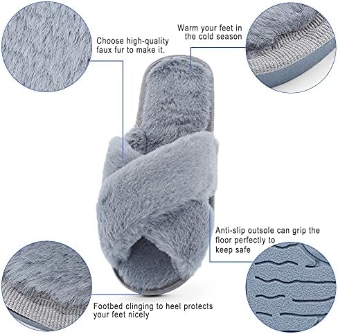 MASOCIO Womens Fluffy Sliders Ladies Faux Fur Cosy House Slippers Open Toe Memory Foam Rubber Sole Flat Slippers