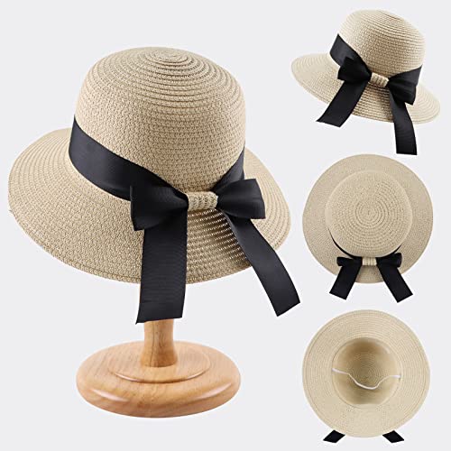 Zsedrut Girl Straw Sun Hat Summer Beach Cap Foldable Visor Floppy Hats Wide Brim With Strap,Big Bowknot,Adjustable Size (Beige,2-4 Years) #TOP1