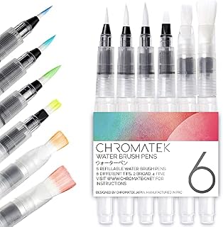 Water Brush Pens by Chromatek. Online Video Tutorial and Downloadable Picture Template. Set of 6 Aqua Pens, Watercolor Brush Pen Painting Brushes. For All Water Soluble Pigment and Watercolor Paints.