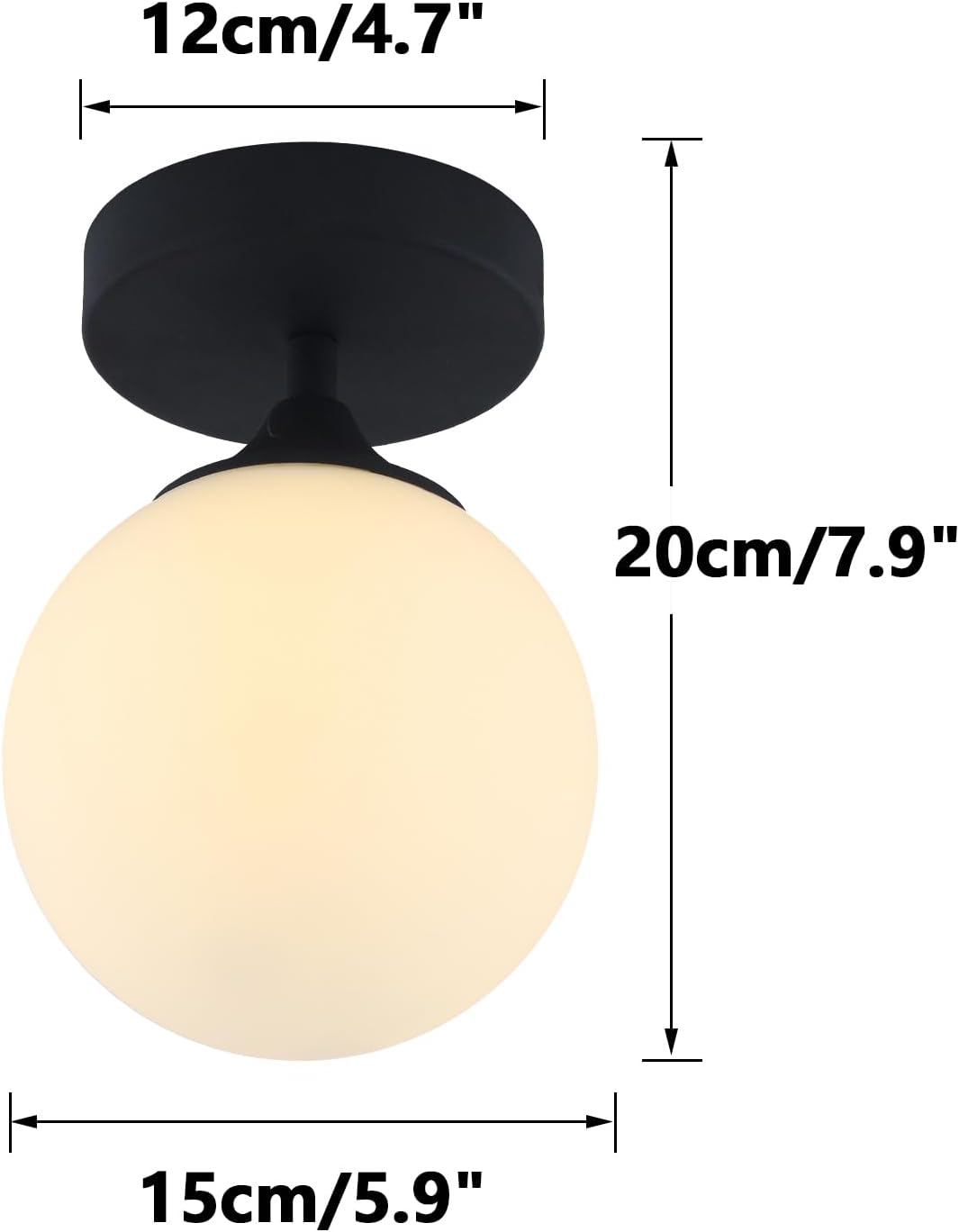 KCO Lighting Mid Century Modern Semi Flush Mount Ceiling Light Fixture White Globe Flush Mount Ceiling Light Farmhouse Black Ceiling Light Milk Glass Hallway Close to Ceiling Light