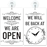 PRESSINART Vintage Open Closed Schilder Für Unternehmen 7.87 x 4.72 Zoll Sei Zurück Uhrzeichen Schwarz Weiß Doppelseitige PVC Hängeschilder Mit Saugnapfhaken Für Geschäfte Friseursalons Restaurants