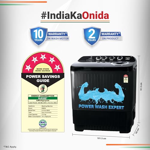 Image of ONIDA 12 Kg 5 Star Semi-Automatic Top Loading Washing Machine (S12GS1, Black, Cyclone Pulsator, Waterfall Technology)