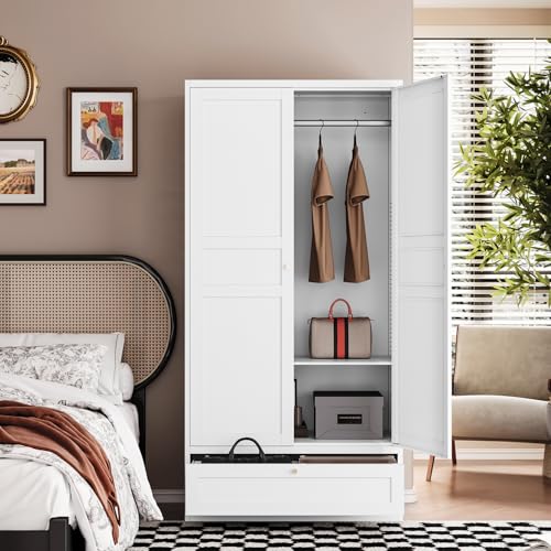 Image of Letaya Metal Wardrobe Cabinets,18 inch Deep Clothing Storage Cabinet with Doors and Shelves,for Home Room,Fire Department, School, Employee,Gym,Government (White)