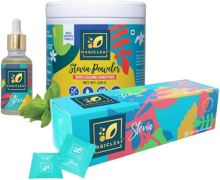 - Stevia Leaf Extract Sugar-Free Stevia Drops, Stevia Sachets & Stevia Powder, Zero Carb, No Sugar, Zero Calorie - Combo Pack of 3 (30 ml Drops, 100 Sachets & 250 gm Powder)
