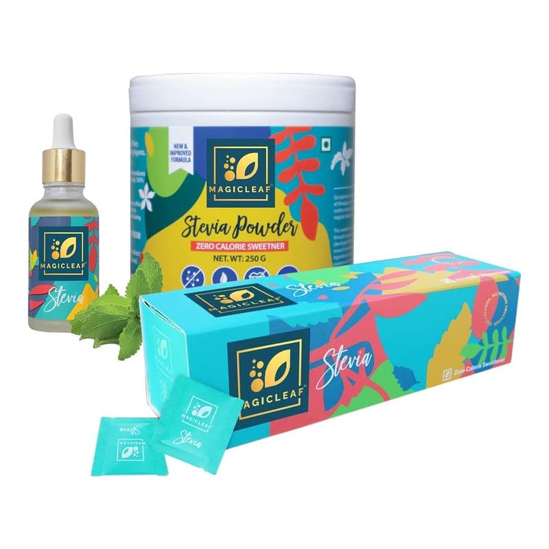 Magic Leaf Stevia Leaf Extract Sugar-Free Stevia Drops, Stevia Sachets & Stevia Powder, Zero Carb, No Sugar, Zero Calorie - Combo Pack of 3 (30 ml Drops, 100 Sachets & 250 gm Powder)