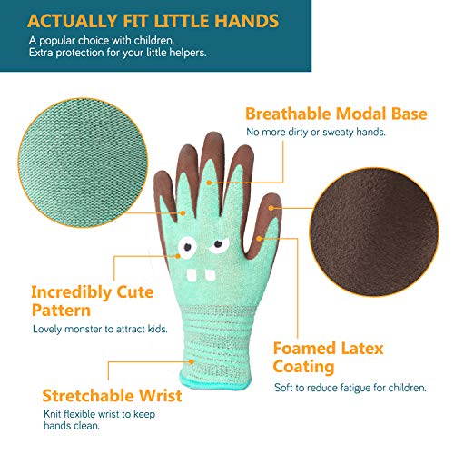 Cooljob 2 Pairs Modal Toddler Work Gloves Ages 2-5, Rubber Coated Kids Gardening Gloves For Children, Ultra Soft Skin-Friendly (Little Monster Series, Small S) #TOP1