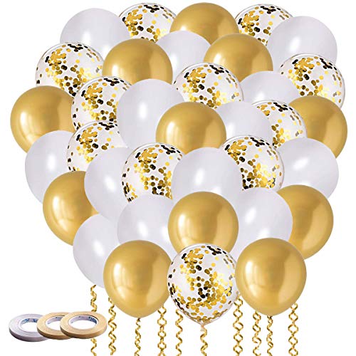 60 PCS Ballon Or, Ballon Anniversaire, Ballons Marriage, Doré Ballons Confettis, Ballon Blanc Fête Ballon pour Décorations , Mariage, Anniversaire, Se réunir, Cérémonie Décorations