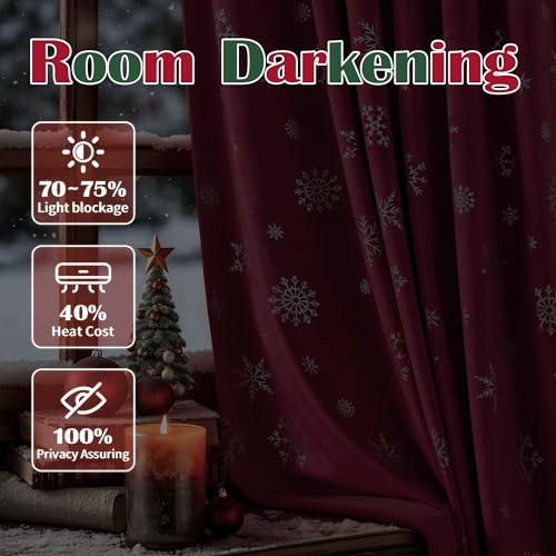 FMFUNCTEX Snowflake Red Christmas Velvet Blackout Curtains for Bedroom, Thermal Insulated Silver on Burgundy Curtains 84 Inches Long for Living Room, Room Darkening Winter Drapes Rod Pocket 2 Panels by FMFUNCTEX - Image 3