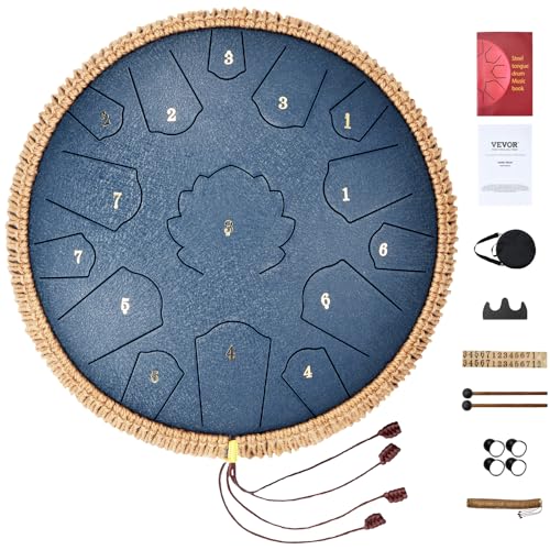 VEVOR Zungentrommel 356mm, Steel Tongue Drum 15 Noten, Regentrommel D-Dur-Tonart, Regenglockenspiel mit 2 Schlägeln & Tragetasche, Handpan-Trommel, Schlaginstrument für Musikunterricht & Yoga, Blau