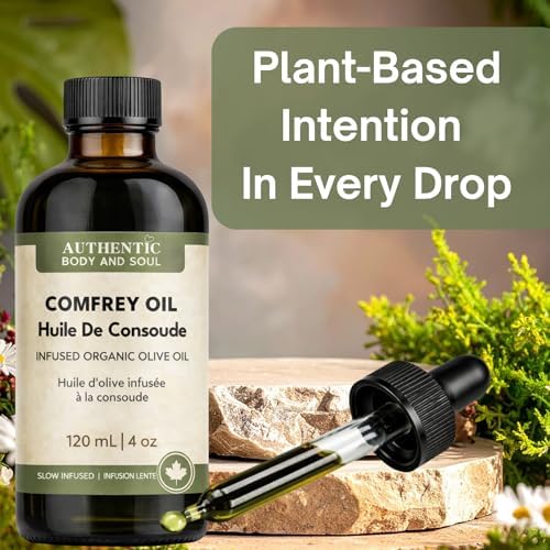 Comfrey Oil – Leaf & Root, Undiluted 4 oz, Free of Toxic Pyrrolizidine Alkaloids, Unscented Comfrey Infused Organic Cold-Pressed Olive Oil for Skin, Body & Massage Infusion, Dry Skin, Natural Moisturizer | External Use Herbal Blend | Symphytum Officinale | Slow-Infused Botanicals | Authentic Body And Soul — view 3