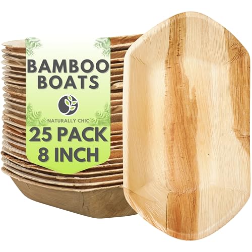 Naturally Chic Small Palm Leaf Food Boats – Tiny 8 Inch Bamboo Boats for Food - Eco Friendly Wood Like Boat Tray - Disposable, Compostable Serving Platters for Charcuterie Boards, and Parties - 25pk